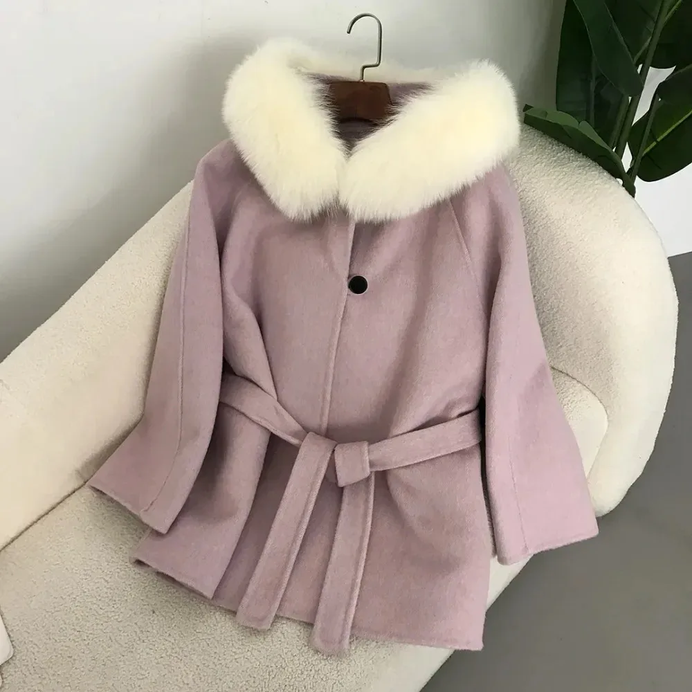 Abrigo corto de lana con cuello de zorro Natural para mujer, chaqueta gruesa y cálida con cinturón, ropa de calle informal, invierno, 2024