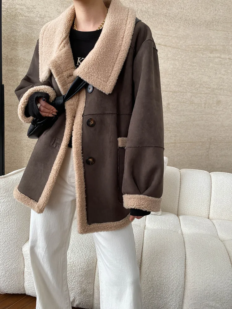 UCXQ Vintage Women's Coat Temperament Street Large Collar Reversible Faux Double-faced Fur Short Jacket 2025 Autumn Winter C2532