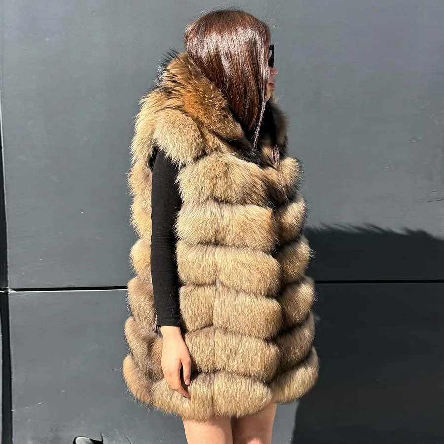 Dames wasbeerbont vest Echte wasbeerbontjas Natuurlijke bontvesten met capuchon Mode Nieuwkomers Echt bontvest