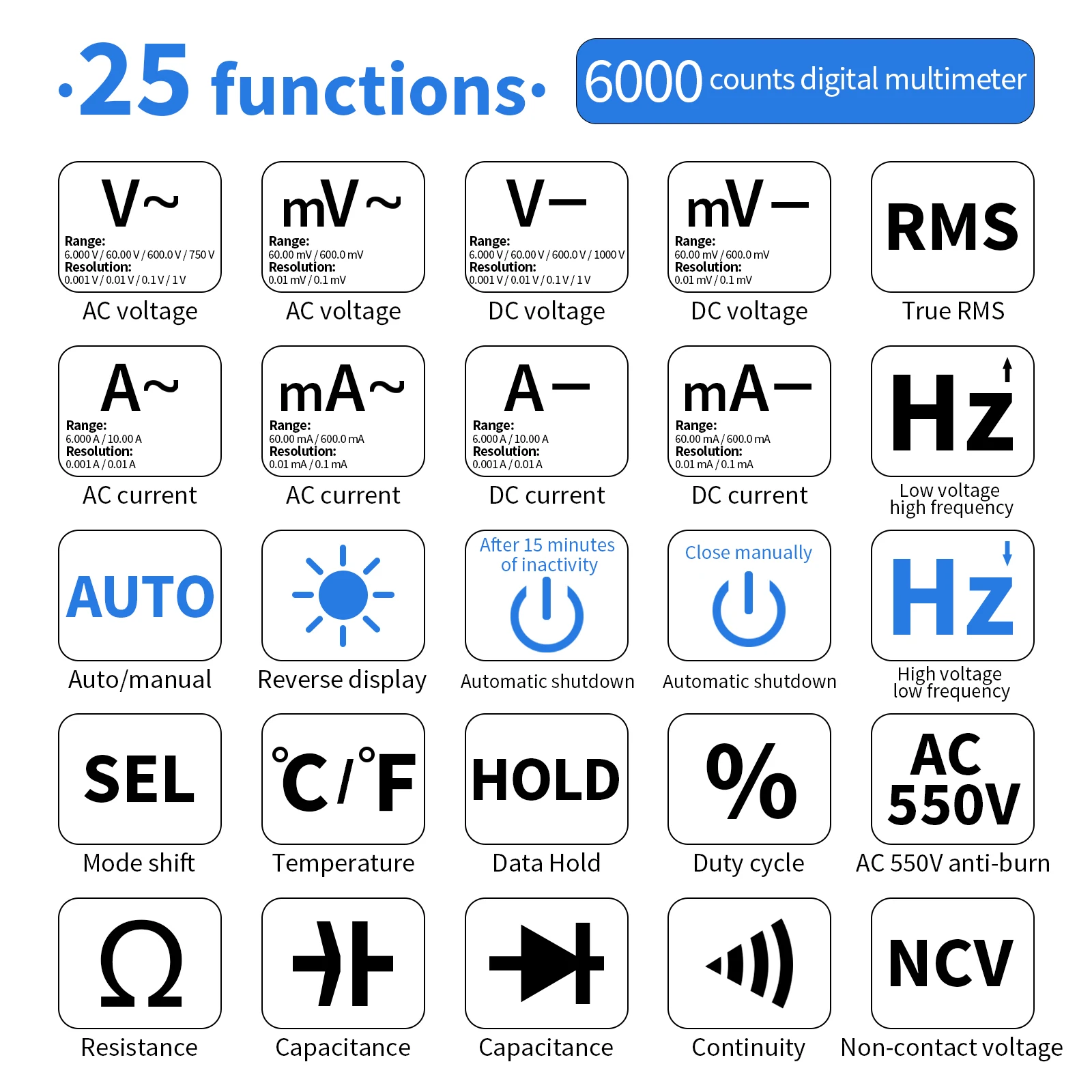 ZOTEK&ZOYI ZT-102A Digital multimeter auto ranging Multimeter Smart+Automatic Range 6000 Counts multimeter diode