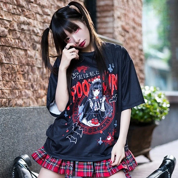 2026 Fashion New Gothic Style Vampire Girl Printed Short Sleeve Kids/Adult Dark Style SPOOKY GIRL Loose Shoulder T-shirt Top