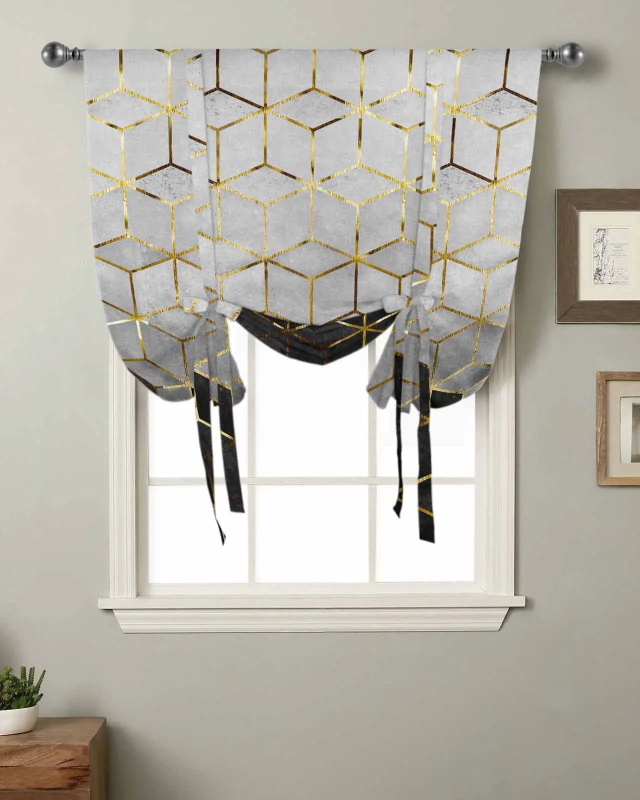 Abstract Art Grey Stereoscopic Geometric Window Curtain for Living Room Home Decor Blinds Drapes Kitchen Tie-up Short Curtains