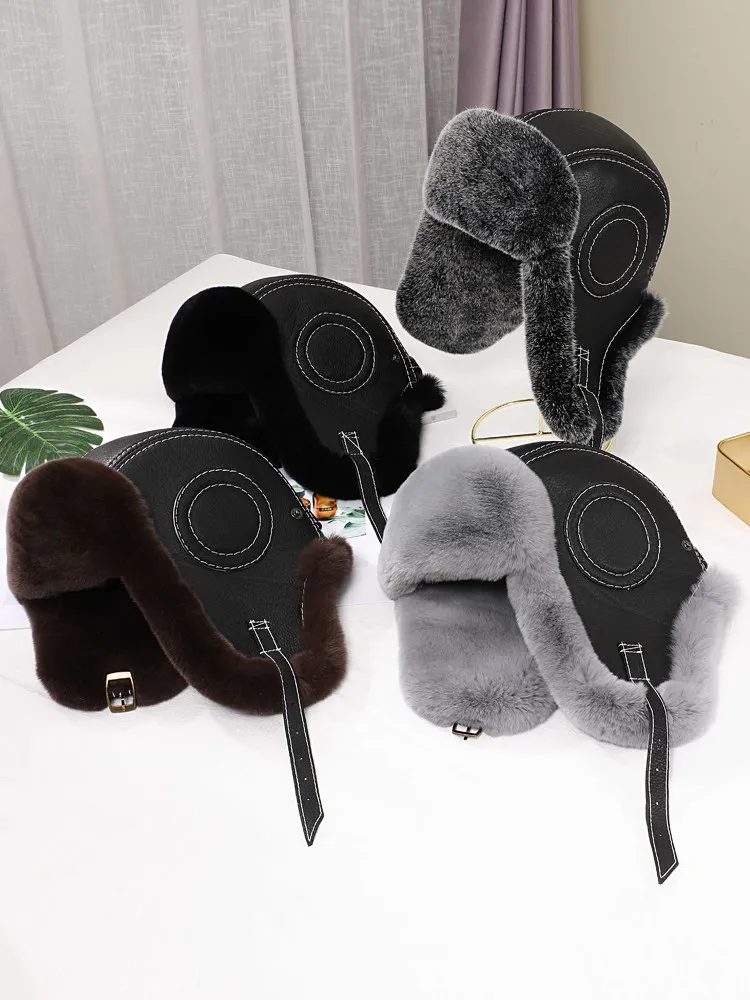 New Men's 100% Natural Rex Rabbit Fur Hooded Hats Winter Russian Man Warm Real Sheepskin Leather Hat Skiing Male Real Fur Caps