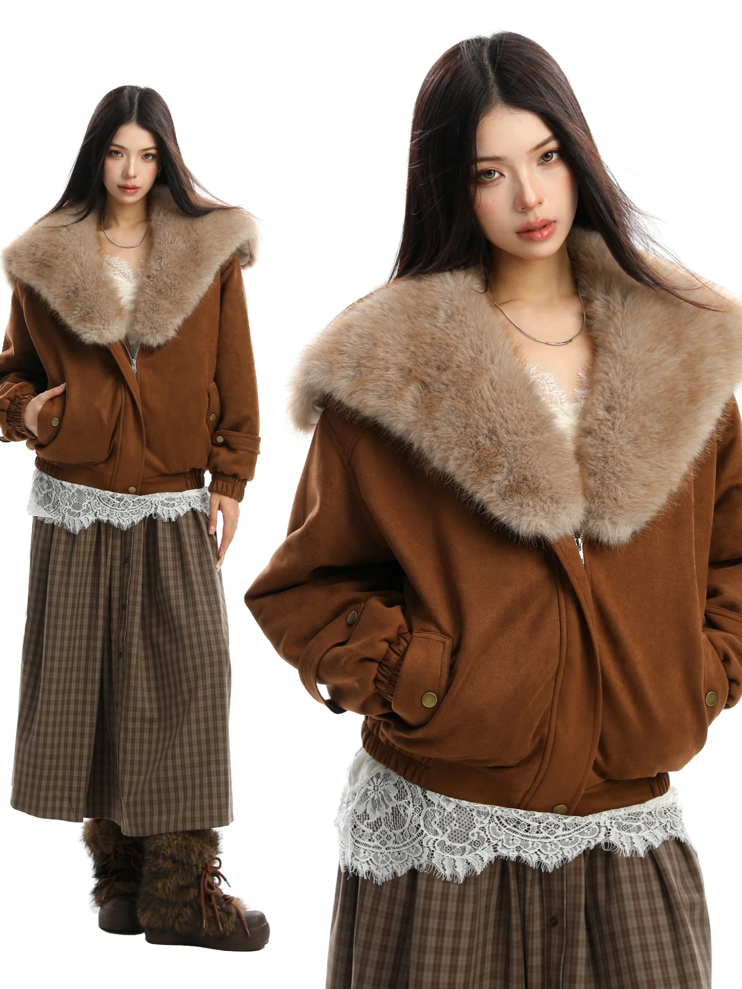 

Eco-Friendly Suede Cotton Jaet Women's Winter Coat with Large Fur Collar ort Outerwear Commute Sle Loose Fit Zipper Clo...