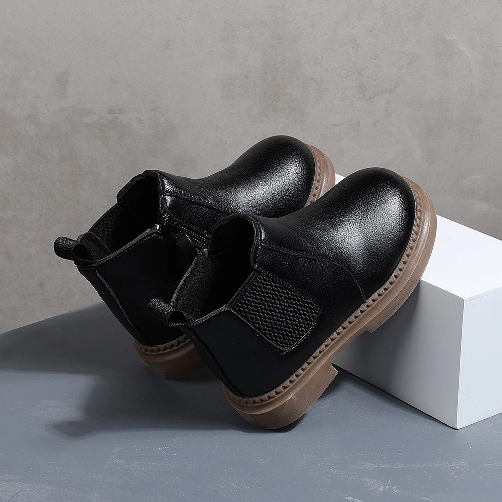 COMFY KIDS Toddler Black Leather Chelsea Ankle Boots, Soft Cushioned Non-Slip Rubber Sole Boys Girls Zipper Short Boots, Autumn