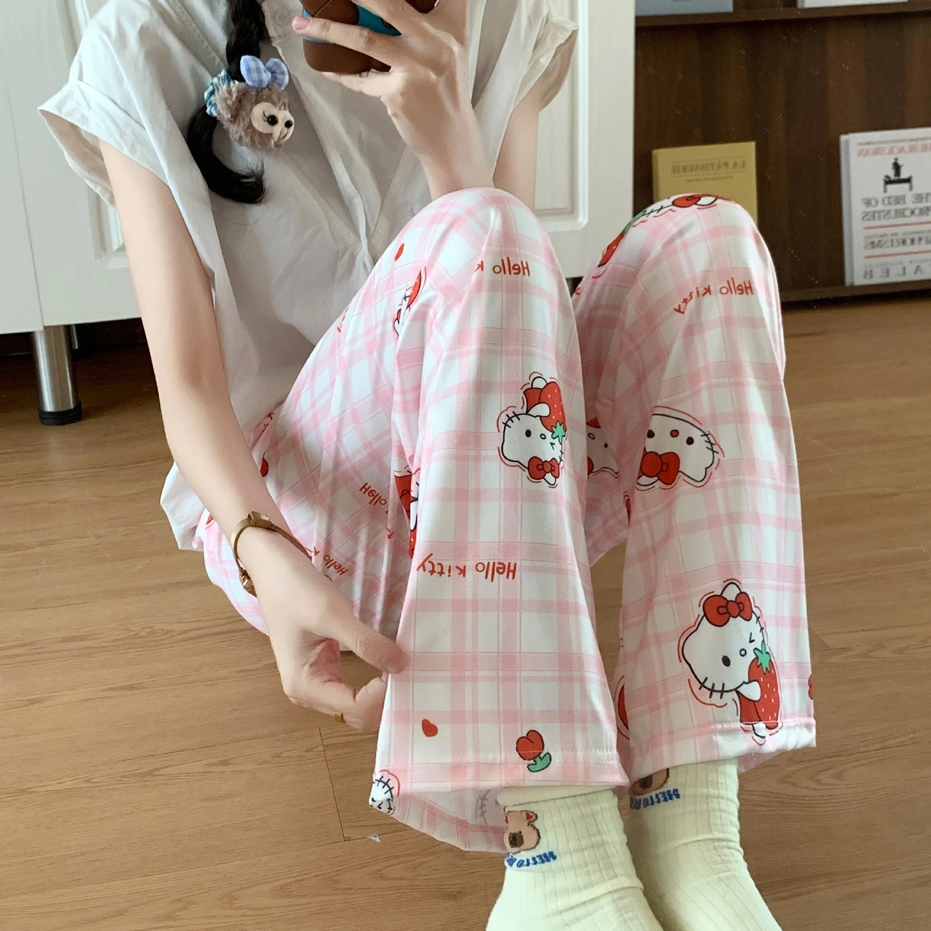 HelloKitty 여성 잠옷 바지 만화 귀여운 느슨한 홈 잠옷 봄 여름을위한 긴 짧은 바지