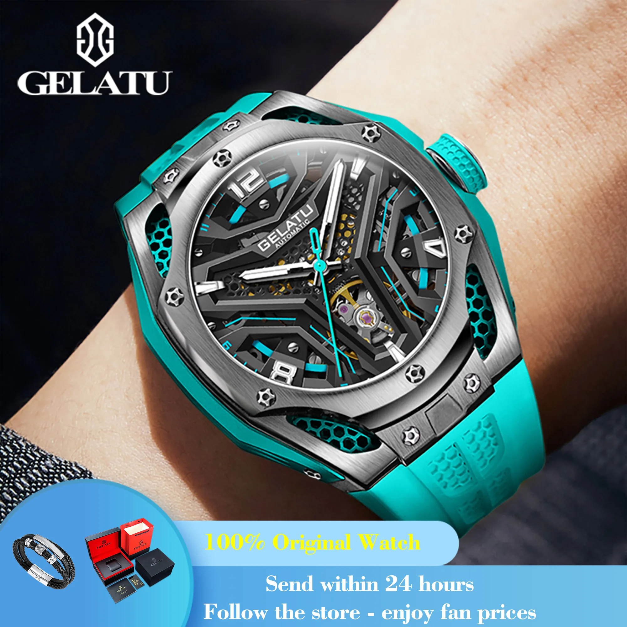 

GELATU 6007, мужские часы, модные механические часы с большим циферблатом для мужчин, светящиеся полые автоматические наручные часы, глубокие водонепроницаемые мужские часы