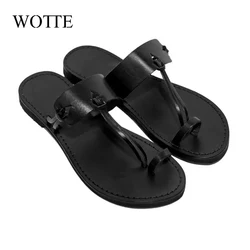 PU Leather Flip Flops Men Summer Flat Shoes Outside Beach Sandals Cool Female Soft Sole Slides Casual Couple Shoes Clip Toe