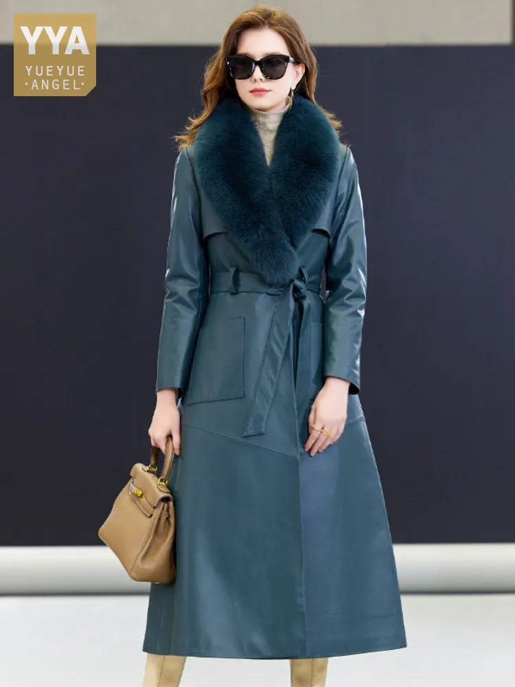 

Real Fox Fur Collar Elegant Women Long Trench Coat Belted Slim Fit Winter Warm Sheepskin Down Coat Ladies Genuine Leather Jacket