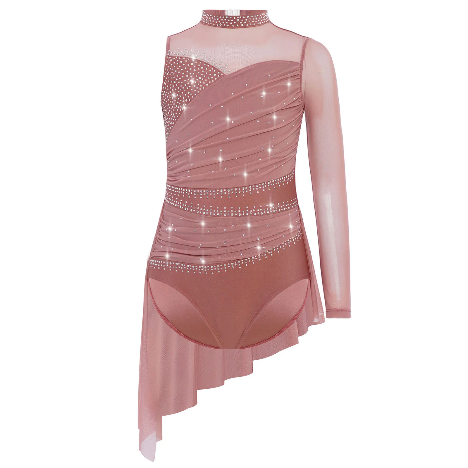 

Girls Ballet Lyrical Dance Dress Asymmetrical Shiny Rhinestones Ruched Mesh Skirted Leotard Figure Skating Performance Costume