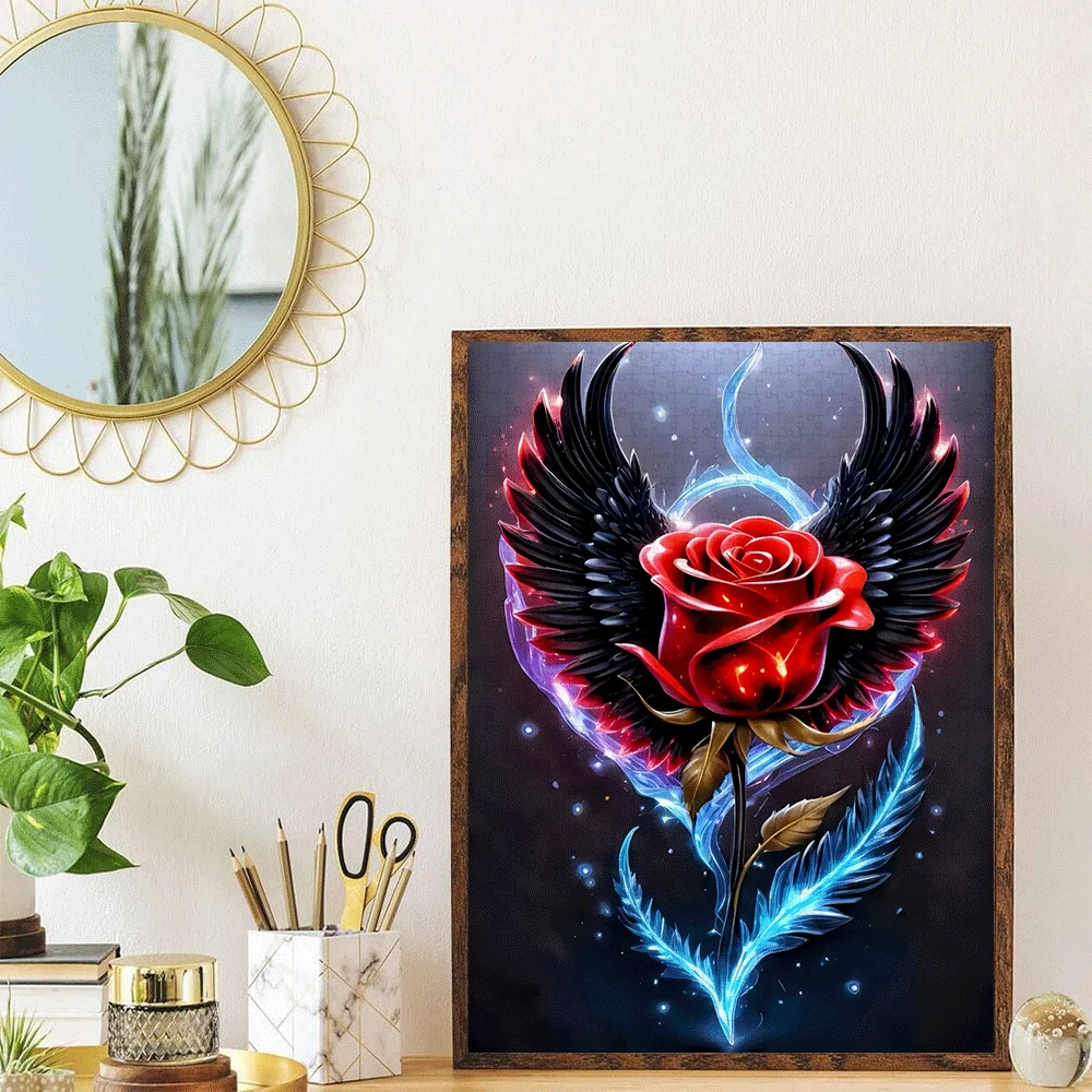 

[1000 шт. Пазл с розами и крыльями] 1000 шт. Большая головоломка с красной розой и крыльями - Яркая бумажная головоломка с подсветкой и цветочным декором