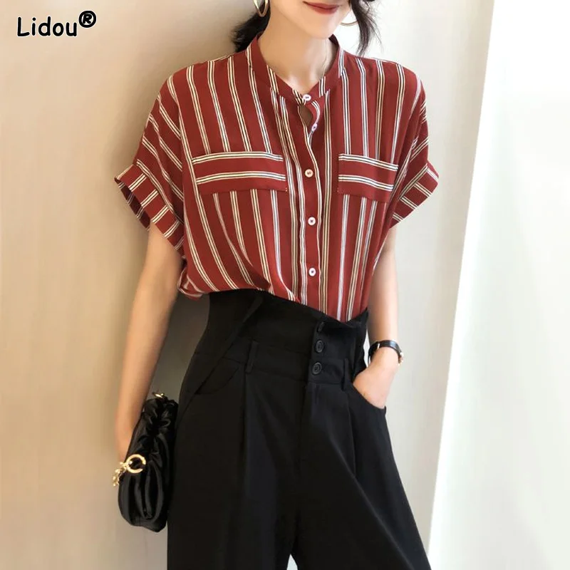 

Office Lady Loose Blouses Casual Striped Elegant Fashion Stand Collar Button Women's Clothing Temperament Spring Summer Thin