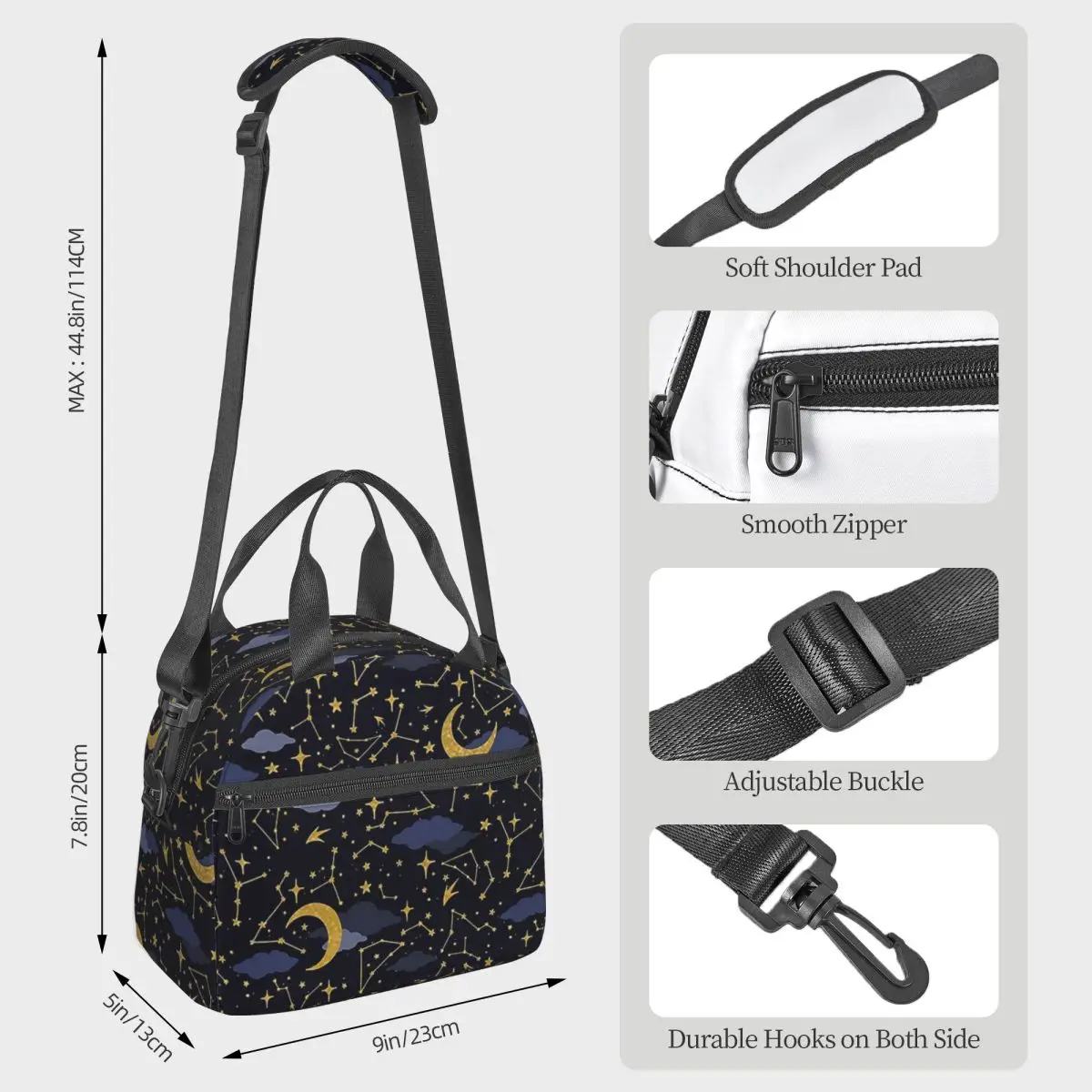 Celestial Stars And Moons In Gold And Dark Blue Lunch Bags Bento Box  Lunch Tote Picnic Bags Thermal Bag for Woman Kids