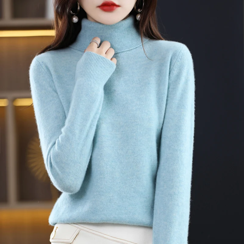 Fall/winter new 100% authentic sweater women's high neck loose solid color plus size sweater knit bottoming shirt.