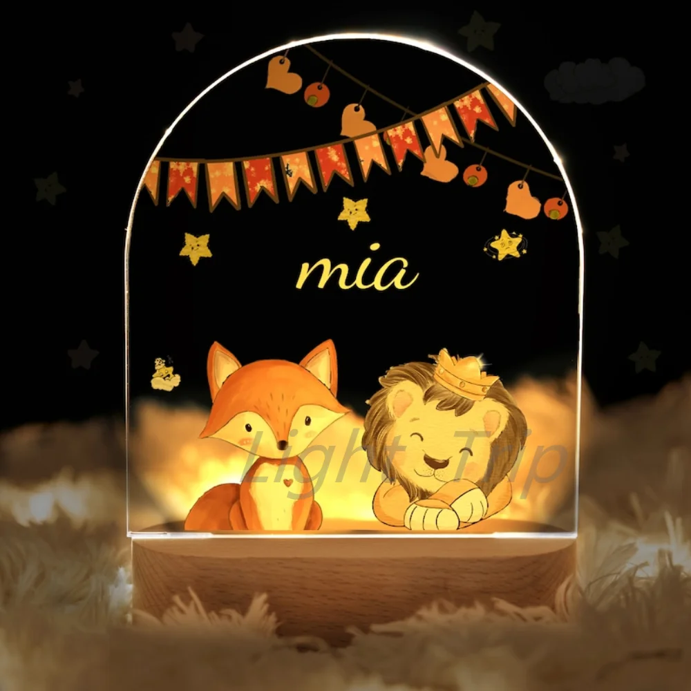 Personalized Baby Night Light USB Wood Base Lamp Custom First Name 3D Lamp For Baby Kids Bedroom Table Animal Night Lamp Gift