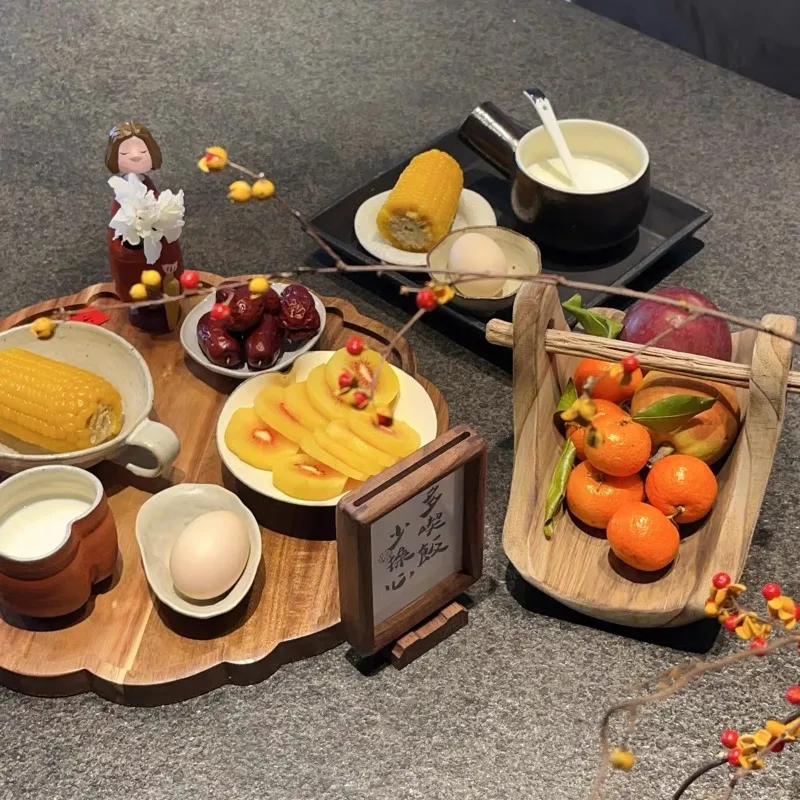 

Hand Basket Type Serving Tray Solid Wood Fruit Bowl for Living Room Minimalist Snack Platter for Tea Table Natural Home Decor