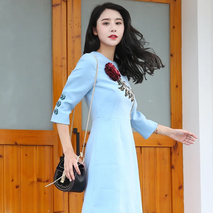 

Customized Reworked Diamond Embroidery Rose Five Quarter Sleeve Medium Length A-line Skirt Round Neck Slim Dress for Women