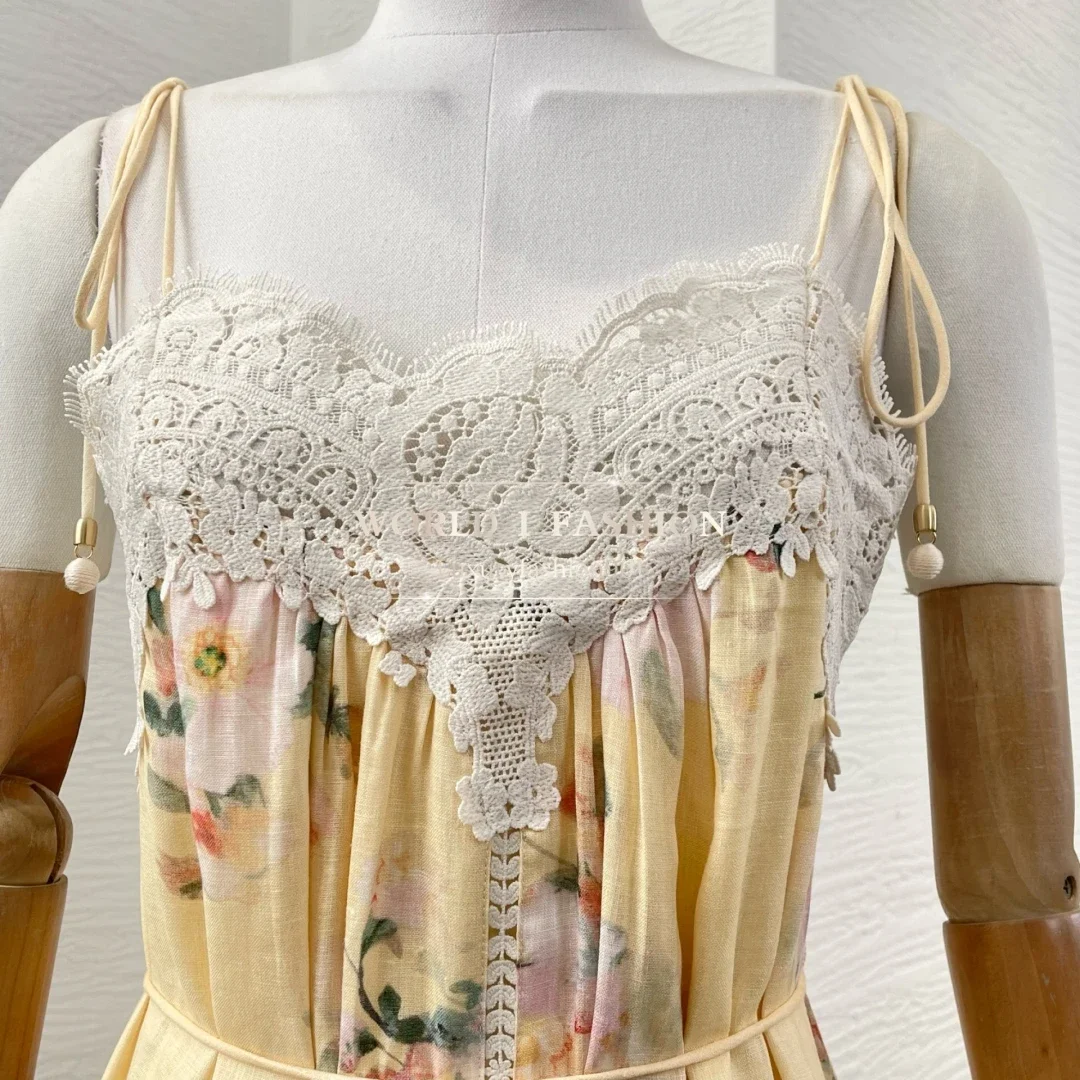 린넨 2025 고품질 노란색 플로럴 프린트 민소매 레이스 패치워크 백리스 미디 드레스