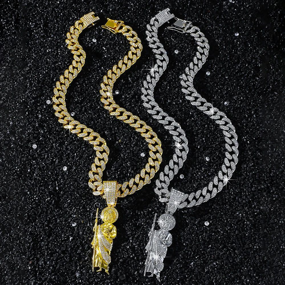 สร้อยคอเชื่อมแนวฮิปฮอปประดับคริสตัลไมอามี่ทรงเหลี่ยมระยิบระยับสำหรับผู้ชายสำหรับผู้หญิงซานจูดาสโซ่ขนาด13มม. จี้เครื่องประดับทางศาสนาสไตล์คิวบาของขวัญ