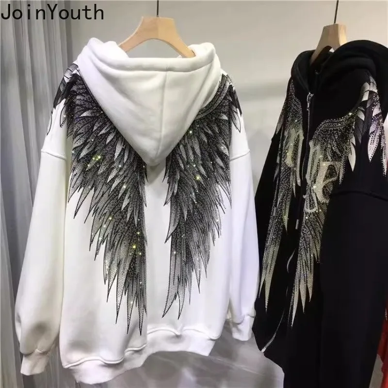 ขนาดใหญ่เสื้อเสื้อผู้หญิงเสื้อผ้า 2024 Heavy Diamond Wing Hooded Harajuku Y2kเสื้อStreetwearแฟชั่นสบายๆหนาHoodies