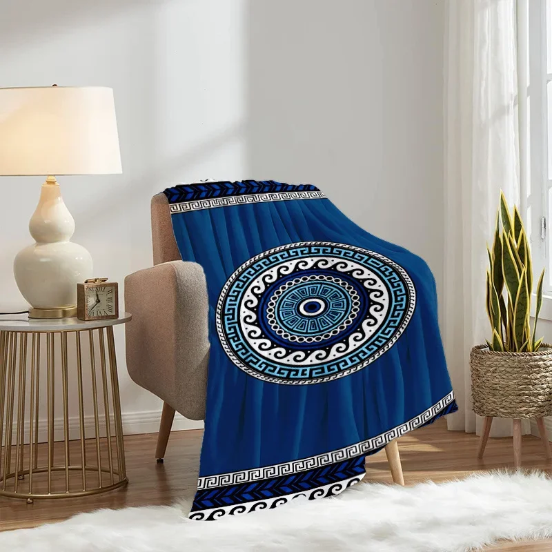 Vibrant Blue Greek Key Pattern Throw Blanket Cozy Decorative Living Room Sofa Bedding