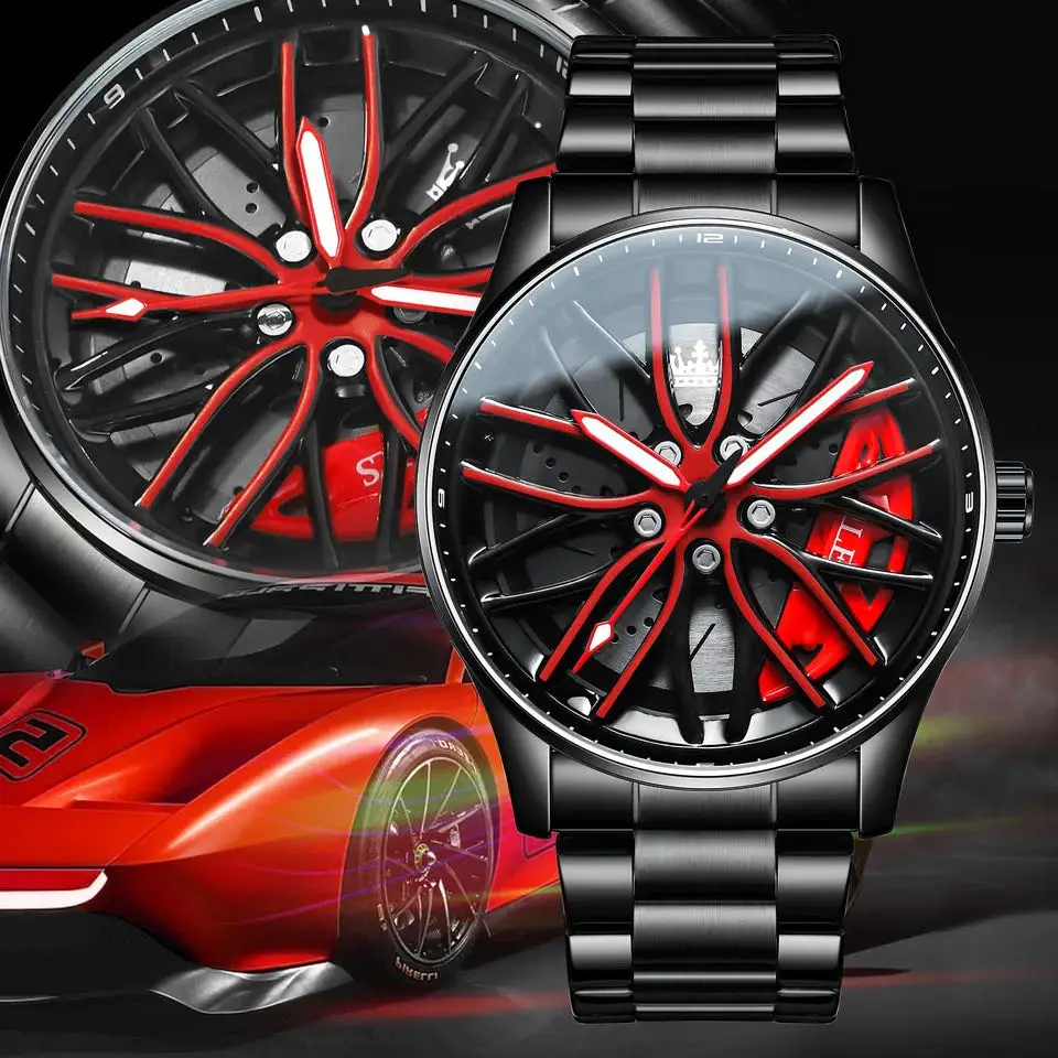 

OLEVS Sports Car Rim Men's Watches Luxury Rotary Wheel Dial Luminous Waterproof Classic Quartz Wristwatch Top Brand Reloj Hombre
