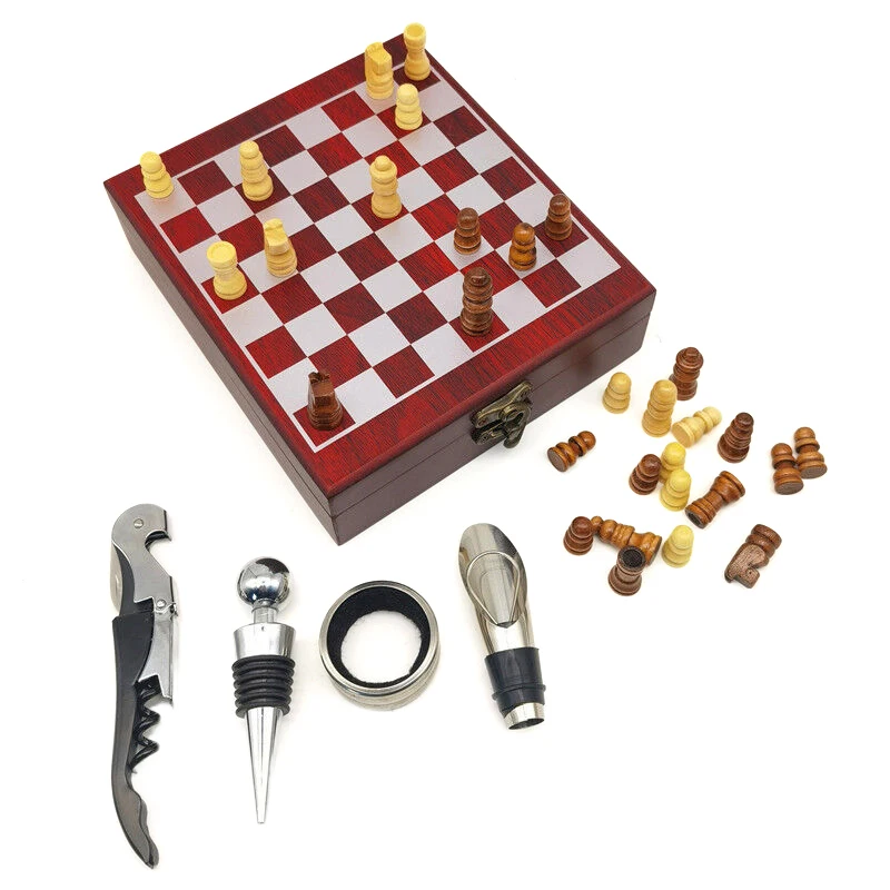 Set Of Wine Opener With Chessboard, 4-Piece Wine Accessories Set, Suitable For Entertainment, Wine Lovers, Hosts And As Gifts
