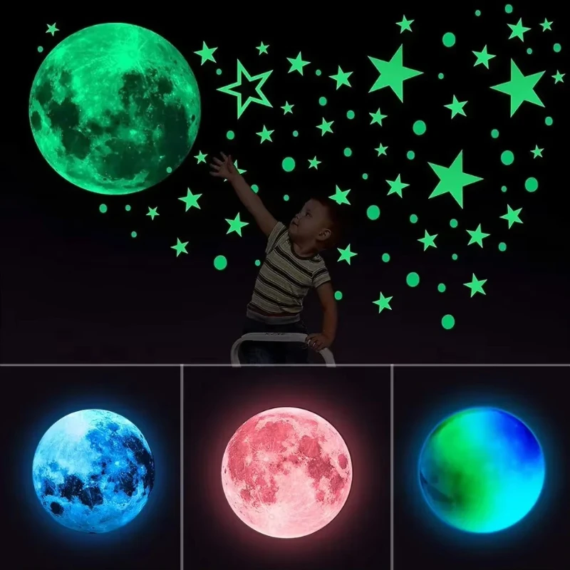 1/2/3pcs Luminous Moon Stickers Star Sky Fluorescent Wall Decals Glow in the Dark Kids Bedroom Living Room Bathroom for Home