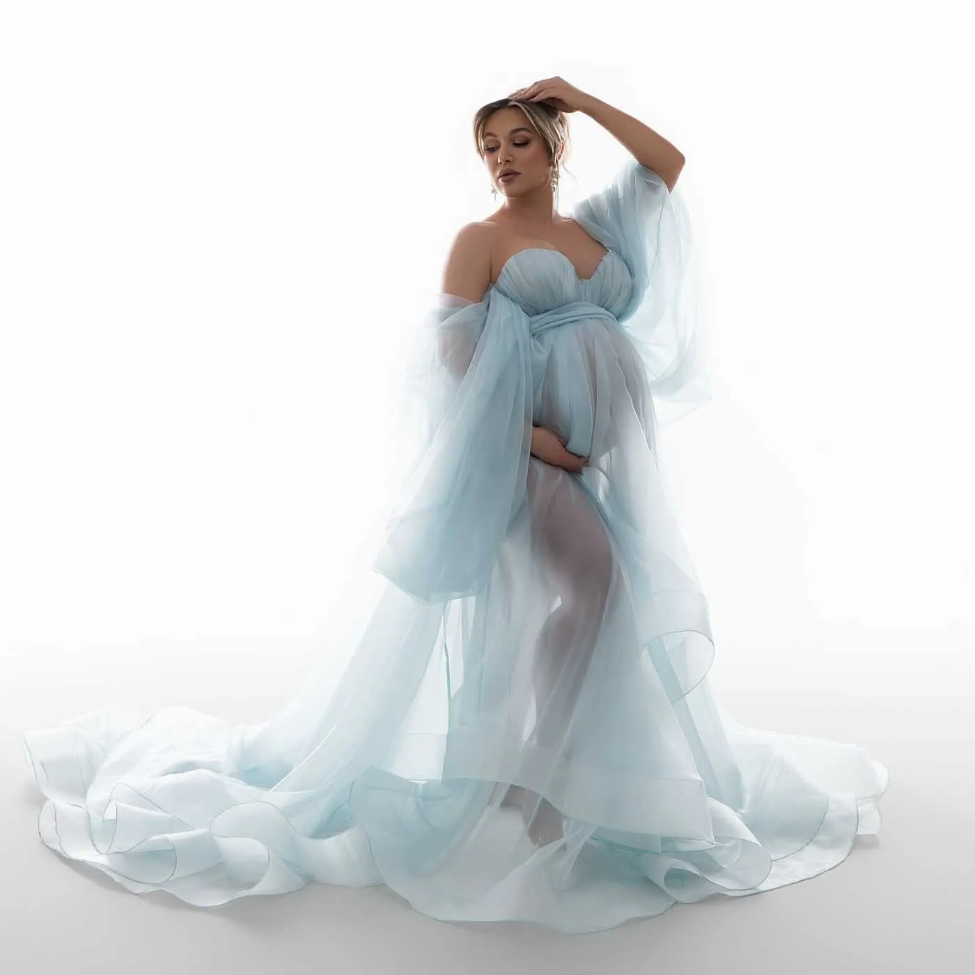 

Gorgeous Blue Tulle Maternity Dress Photoshoot Off the Shoulder Sheer Puffy Sleeves Maternity Dresses See Thru Pregnancy Dress