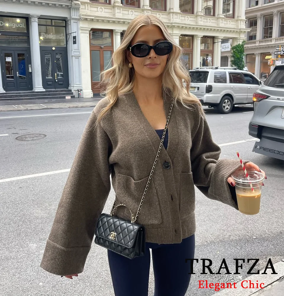 

KONDALA-Women Casual Knit Cardigan V-Neck Buttons Sweater Cardigan New 2025 Fashion Spring Fall Simple Versatile Brown Cardigan