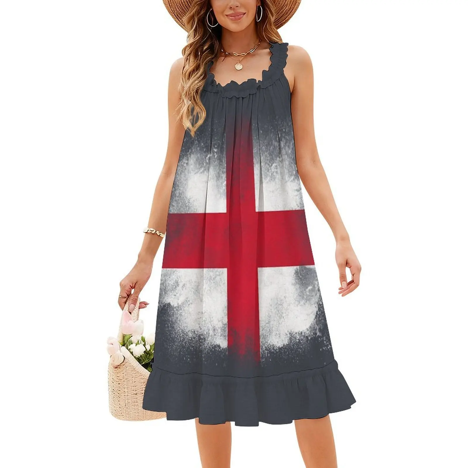 فستان قصير على طراز بريبي بعلم إنجلترا للنساء على شكل حرف a فضفاض مناسب فستان يوم غير رسمي علم إنجلترا علامة متقاطعة رمز ملابس نسائية #4