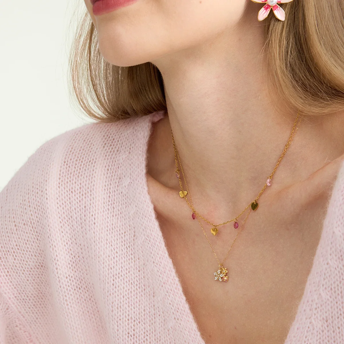 Zora Classic Inlay Rhinestone Flower Ladybug Pendant Necklace Waterproof 18K Gold Color Plated Stainless Steel Women's Jewelry