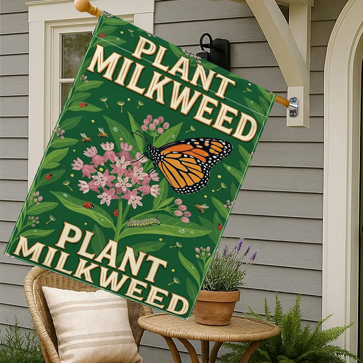 Butterfly House Flag, Nature Floral Milkweed Flowers Spring Green Burlap Double Sided Outside Large Garden Flag for Outdoor  yyi
