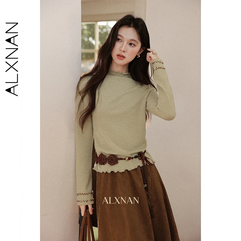 

ALXNAN Green Sweater Women's 2025 Fall Slim-fit Long Sleeve Pullovers Ruffle-hem Casual Woven Cuffs Office Lady Knitwear L57716