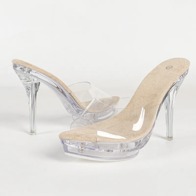 Model Show Platform Crystal Shoes Pointed Toe Transparent Women's Slippers 12cm Thin Heel PVC Sandals Sexy Non-slip Silver Pink