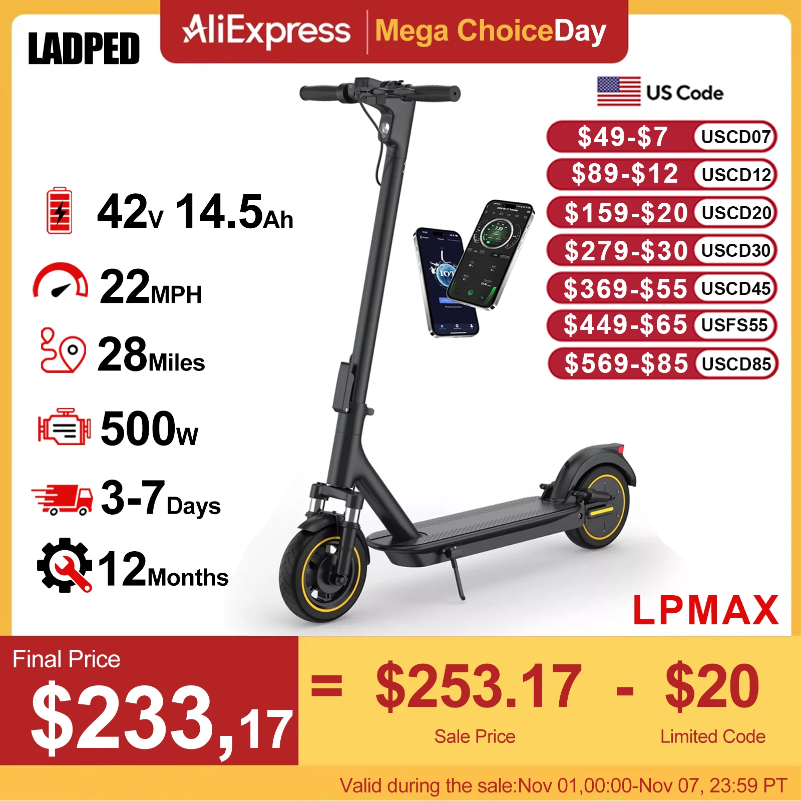LADPED LPMAX 10" Solid tires Folding Electric Scooter 22MPH 500W 14.5AH 28Miles Super Long Range Dual Shock Absorber EScooter