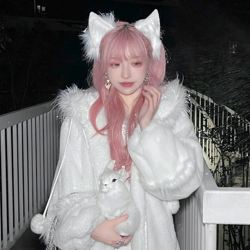 Elegant White Fur Hoodie Coat Women Autumn Winter New Jacket Y2k Long Sleeve Zipper Sweatshirts Thicked Warm Leg Warmer