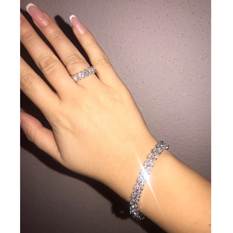 Trendy Leaf Charm Cubic Zirconia Bracelet & Bangles for Bride Bracelets Jewelry Sliver Color Clear CZ Crystal Bangles for Women
