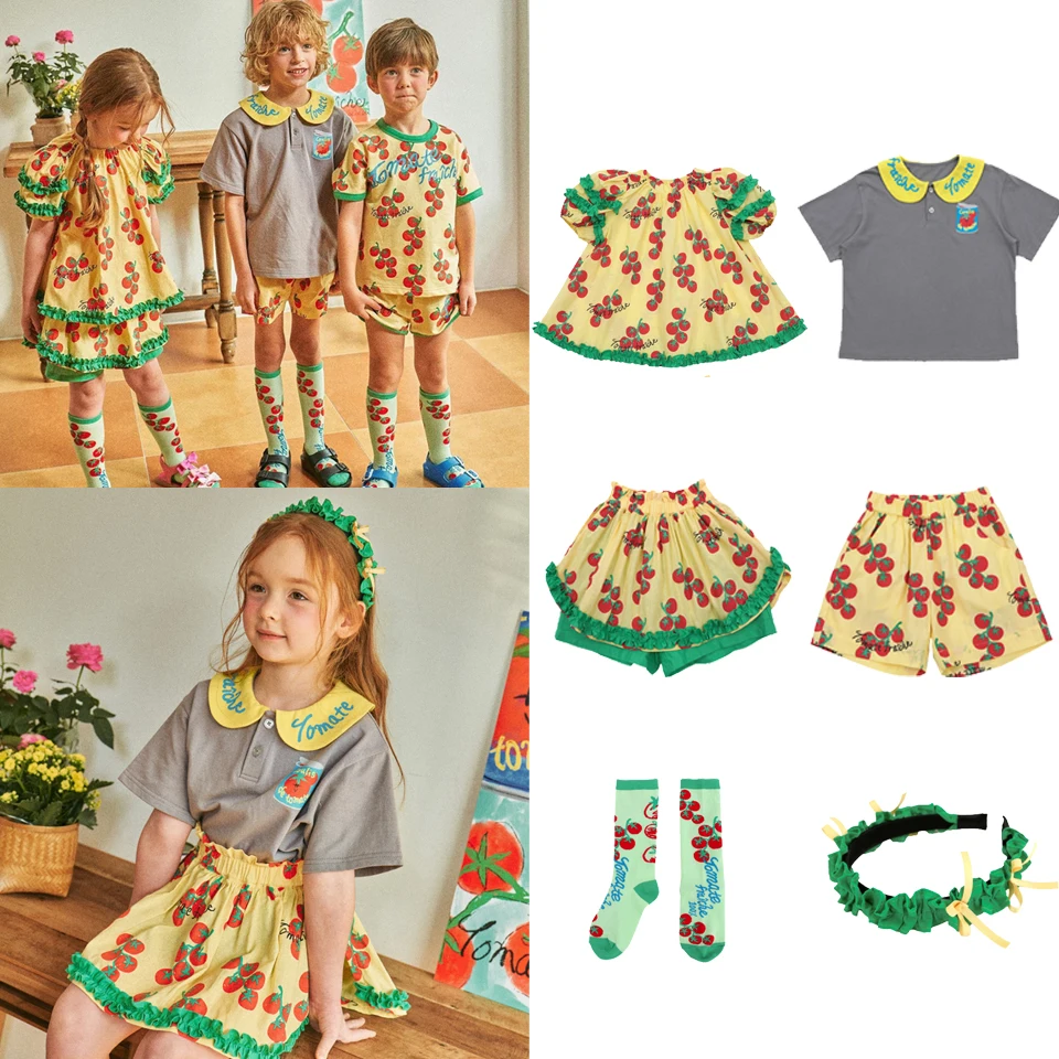 

New 2024 Korean Bebe Summer Kids Set Child Tomato T Shirt Girls Shorts Children Cartoon Tee Child Fashion Boys Birthday Clothes