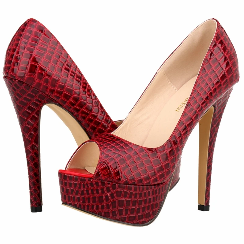 

Elegant Wedding Shoes Classic 14cm Women Peep Toe High Heels Sexy Party Pumps Ladies Crocodile Pattern Shoes Plus Size A0033