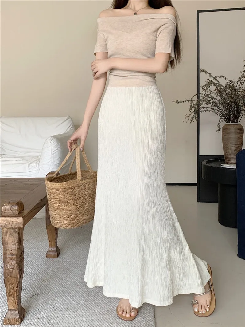 Solid Pleat High Waist Sheath Fishtail Skirt for Women 2024 New Autumn Small Drape A- line Length Skirts