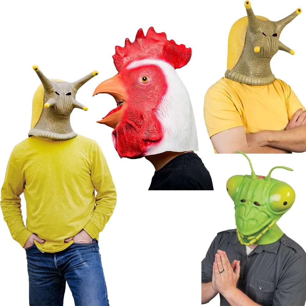 Halloween Snail Slug Cosplay Mantis Mask Animal Chicken Mask Latex Full Funny Happy Face Props Fancy Party Headwear Mask Costume