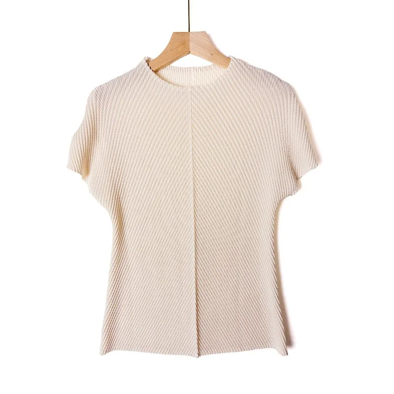  Stand-up Collar Solid Color Pleated Short-sleeved T-shirt Versatile Tight Tops Female Summer New Simple Office Clothing