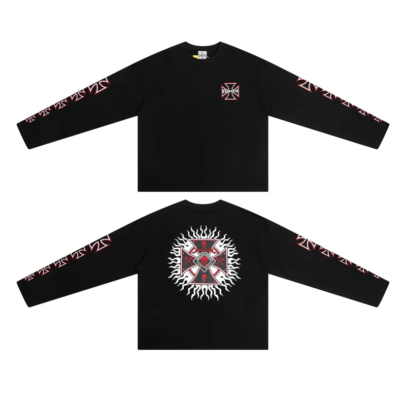Men Vintage Punk‑Style Long‑Sleeve T‑Shirt Skull Cross Fire Print Casual Streetwear West Coast Tops Tee