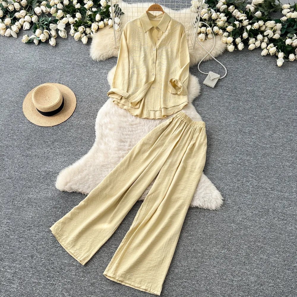 

Pant Set Women Two Piece Sets Turn Down Collar Full Sleeve Shirt Striped Wide Leg Long Pants Elastic Waist Y2k Streetwear 2026