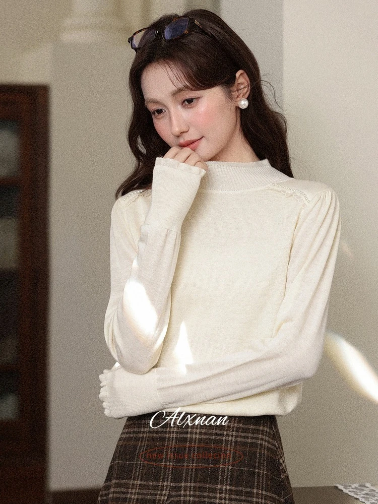 

ALXNAN Women's Sweater 2025 Fall Winter Warm Slim-fit Turtleneck Beaded Knit Pullovers Basic Elegant Female Clothing L59670