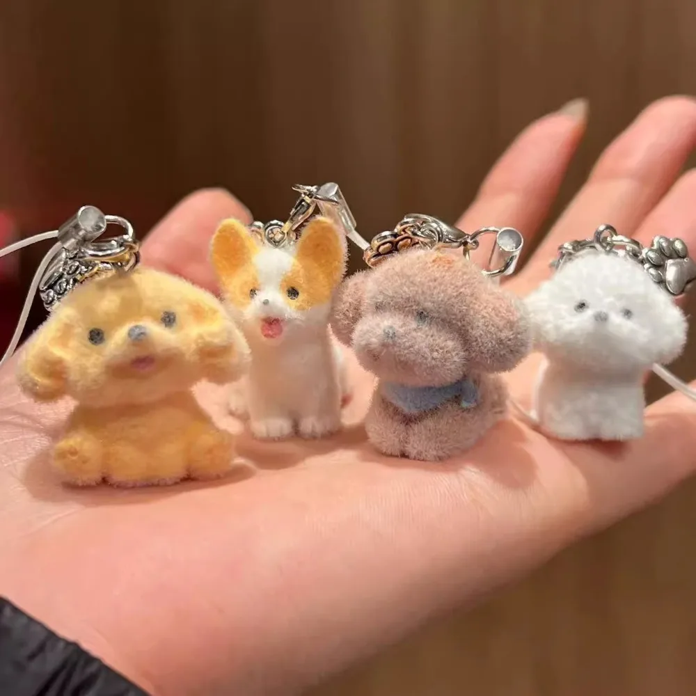 Flocking Animal Dog Cat Pendant Cute Keychain Keyring Bag Earphone Car Key Chains Decor Keychain Accessories Phone Chain Lanyard