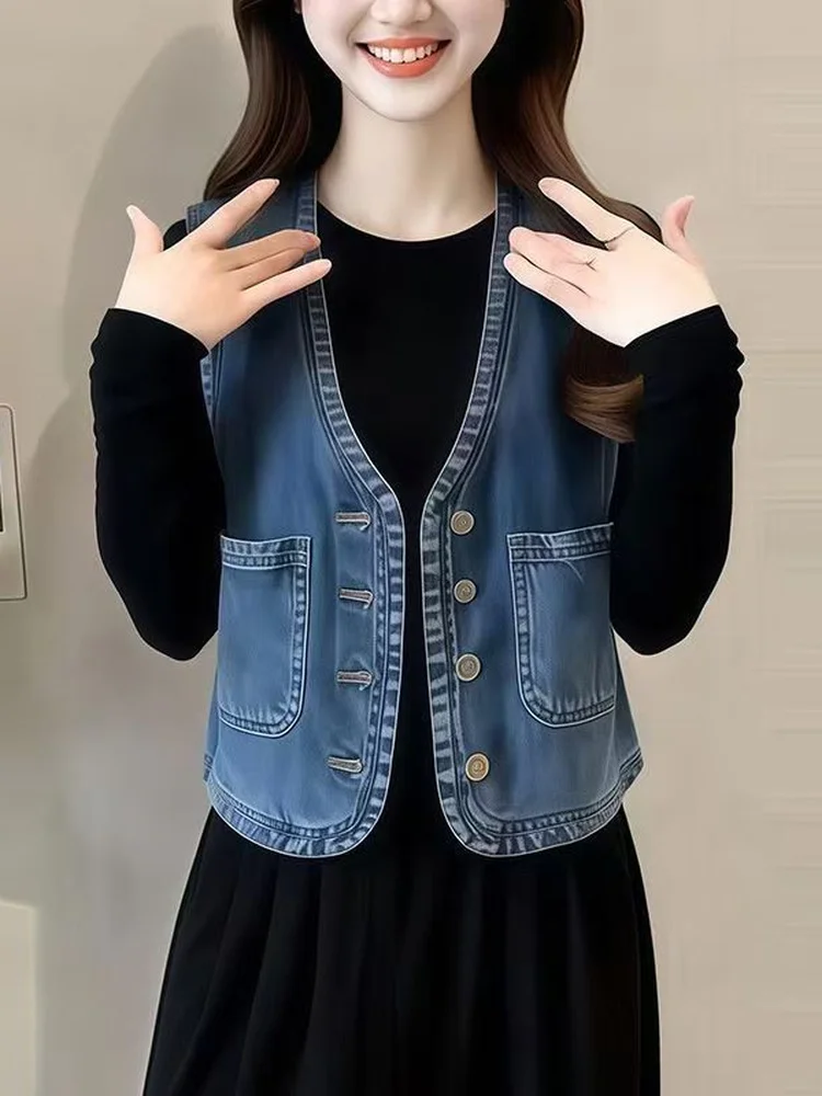 

Hong Kong Style Versatile V-Neck Denim Vest Women's Spring Autumn Summer Loose plus Size Layering Short Shoulder Coat