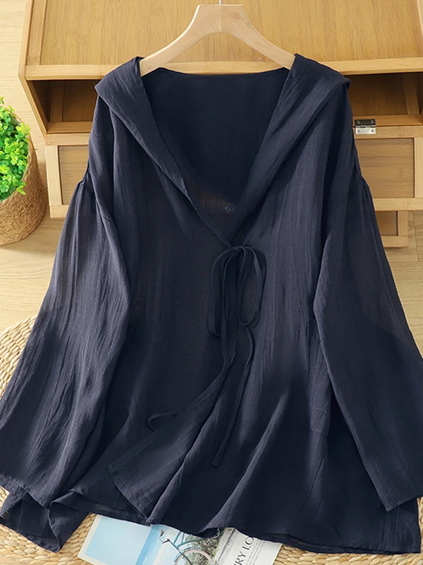 القطن الكتان خفيفة الوزن شعور رائع مقنعين تصميم مربوط irt Jaet بالإضافة إلى حجم المرأة فضفاضة الحماية من الشمس رداء علوي غير رسمي... #2