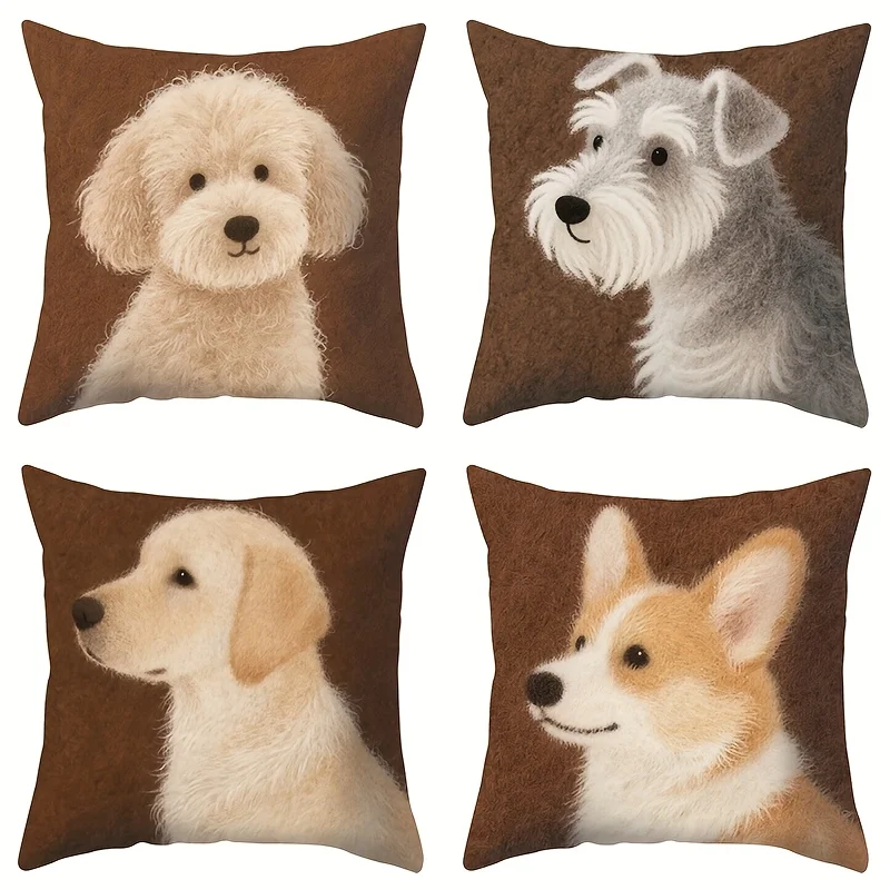 Set of Four Dog Portrait Throw Pillow Covers Featuring Cute Poodle, Terrier, Golden Retriever, and Shiba Inu Designs